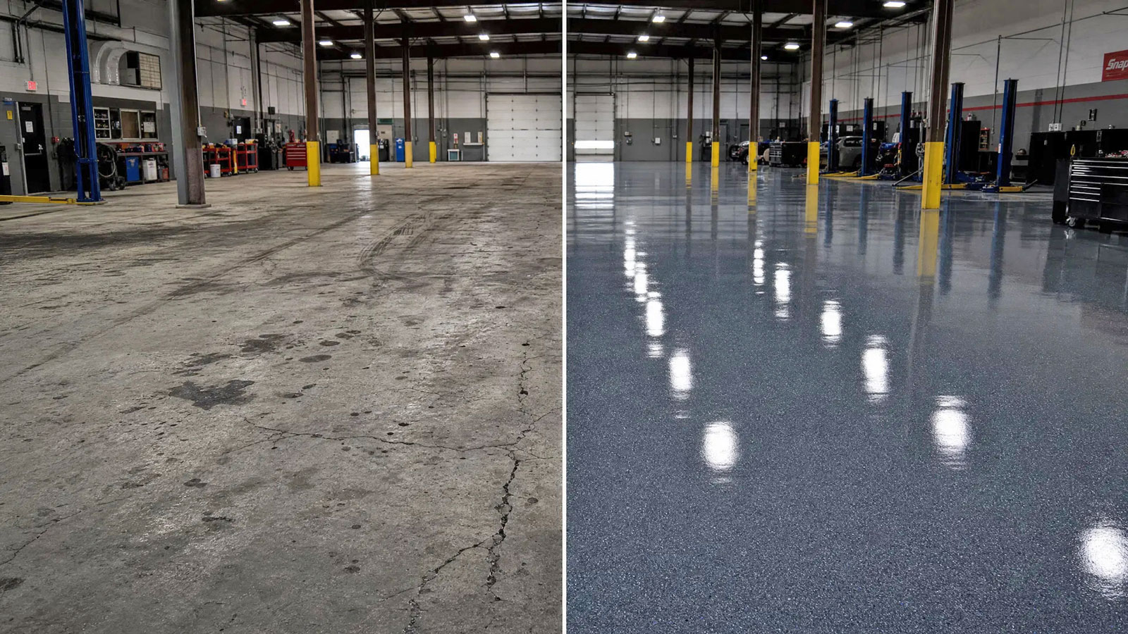 Commercial floor coating before and after — auto shop in McKinney TX